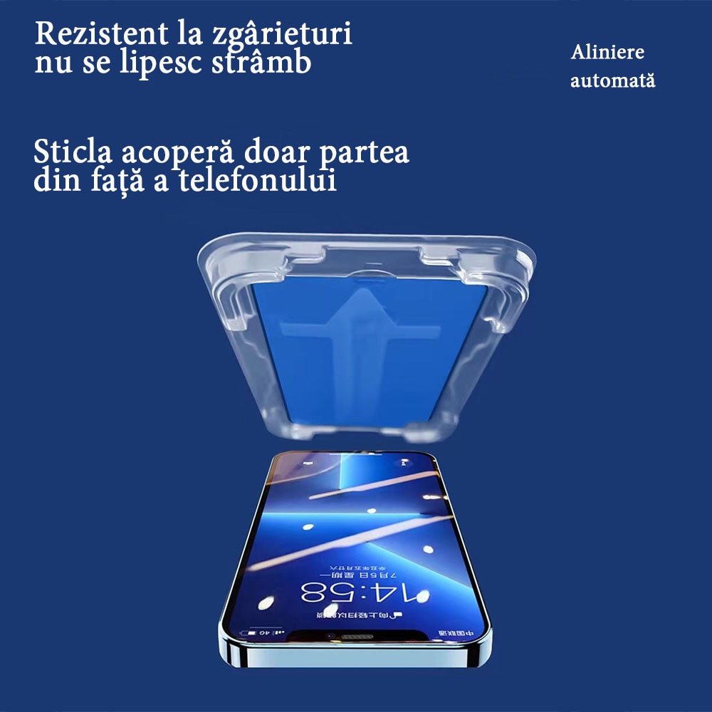 Set 2 folii protectie telefon, Sticla securizata, Pentru ecran Compatibil cu iPhone 14 Pro Max, Usor de instalat in 30 de secunde cu dispozitivul de potrivire automata, Transparent