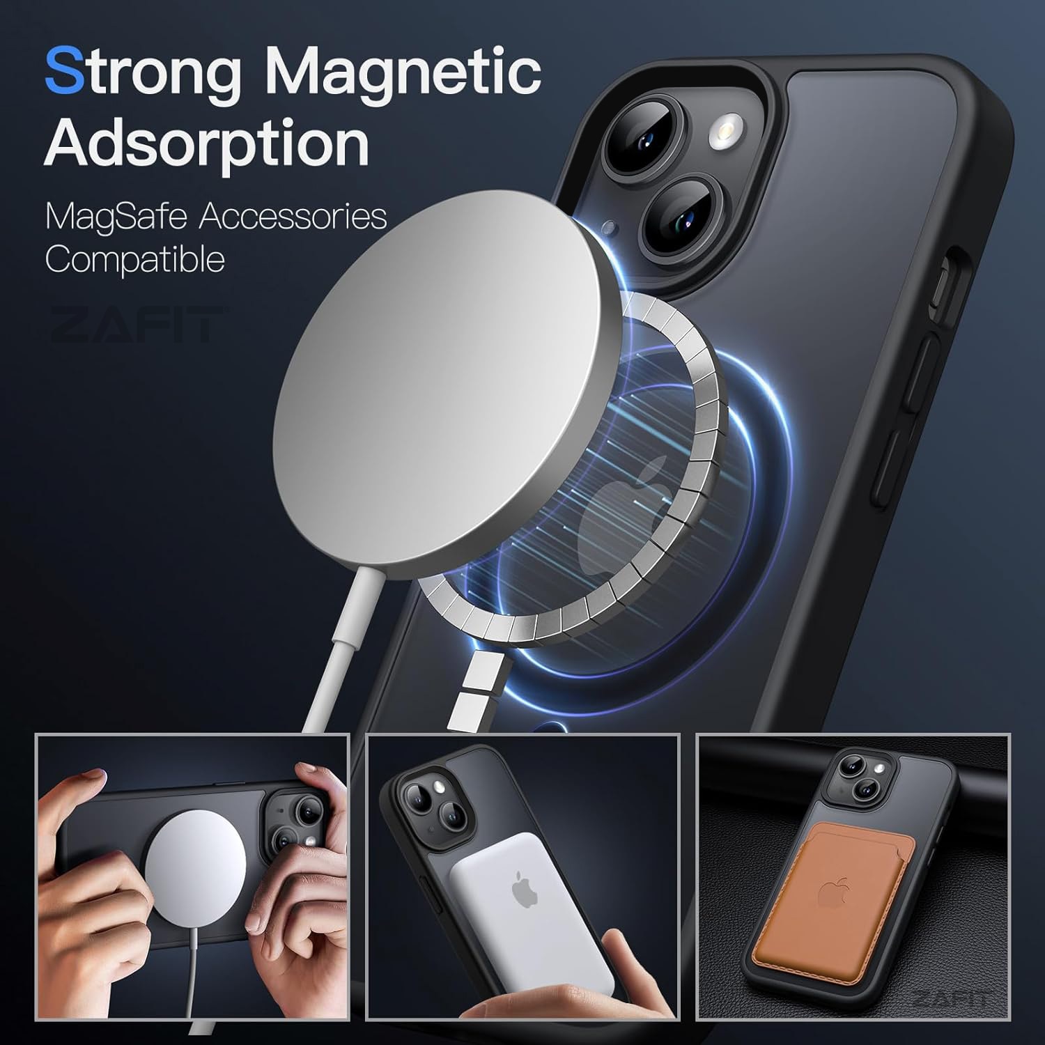 Husa pentru iPhone 15 ZAFIT®, cu incarcare Magsafe, Silicon, Negru transparent