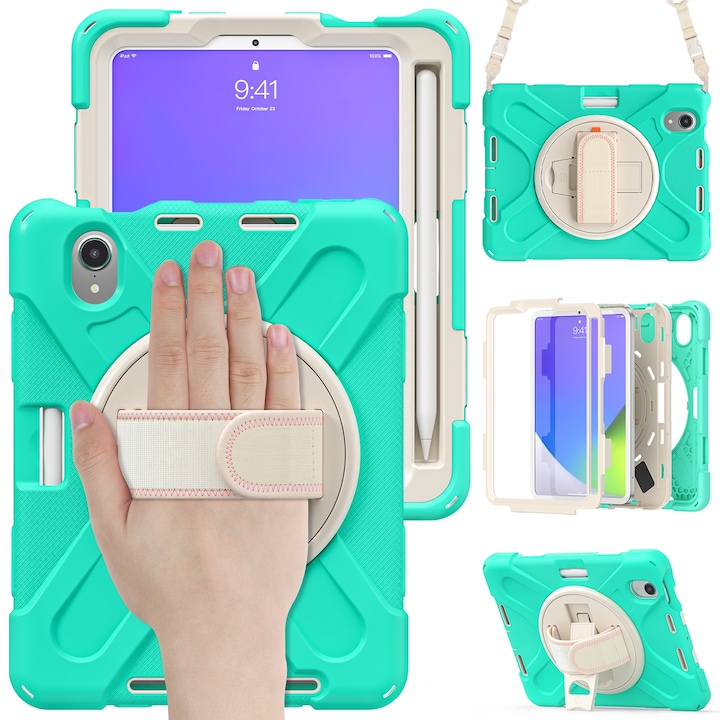 Husa tableta compatibila cu iPad Mini 6, Grip Holder & Shoulder Strap, Verde menta