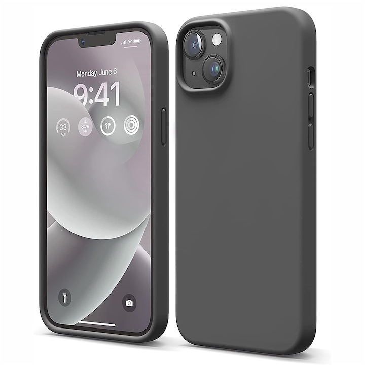 Husa CASEY STUDIOS™ compatibila cu iPhone 14, Soft Silicone Premium, Microfibra in Interior, Dark Gray, de Protectie, Ultra Slim, pentru Incarcare Wireless, Margini Ridicate de Protectia Ecranului si a Camerelor