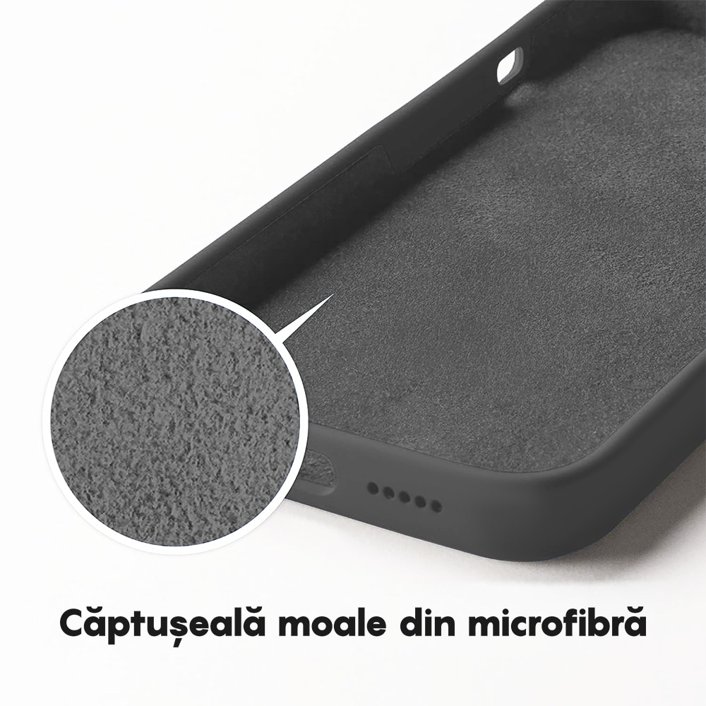 Husa CASEY STUDIOS™ compatibila cu iPhone 14, Soft Silicone Premium, Microfibra in Interior, Dark Gray, de Protectie, Ultra Slim, pentru Incarcare Wireless, Margini Ridicate de Protectia Ecranului si a Camerelor