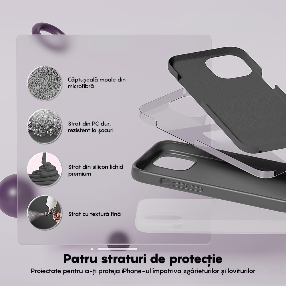 Husa CASEY STUDIOS™ compatibila cu iPhone 14, Soft Silicone Premium, Microfibra in Interior, Dark Gray, de Protectie, Ultra Slim, pentru Incarcare Wireless, Margini Ridicate de Protectia Ecranului si a Camerelor