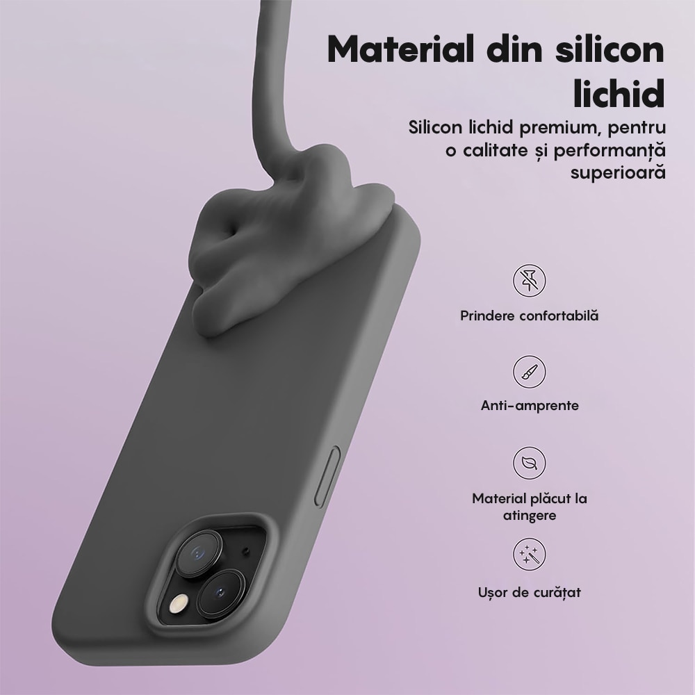 Husa CASEY STUDIOS™ compatibila cu iPhone 14, Soft Silicone Premium, Microfibra in Interior, Dark Gray, de Protectie, Ultra Slim, pentru Incarcare Wireless, Margini Ridicate de Protectia Ecranului si a Camerelor