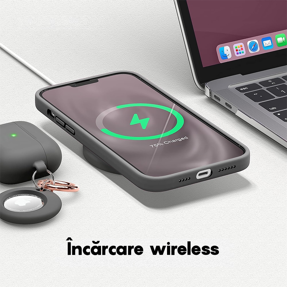 Husa CASEY STUDIOS™ compatibila cu iPhone 14, Soft Silicone Premium, Microfibra in Interior, Dark Gray, de Protectie, Ultra Slim, pentru Incarcare Wireless, Margini Ridicate de Protectia Ecranului si a Camerelor