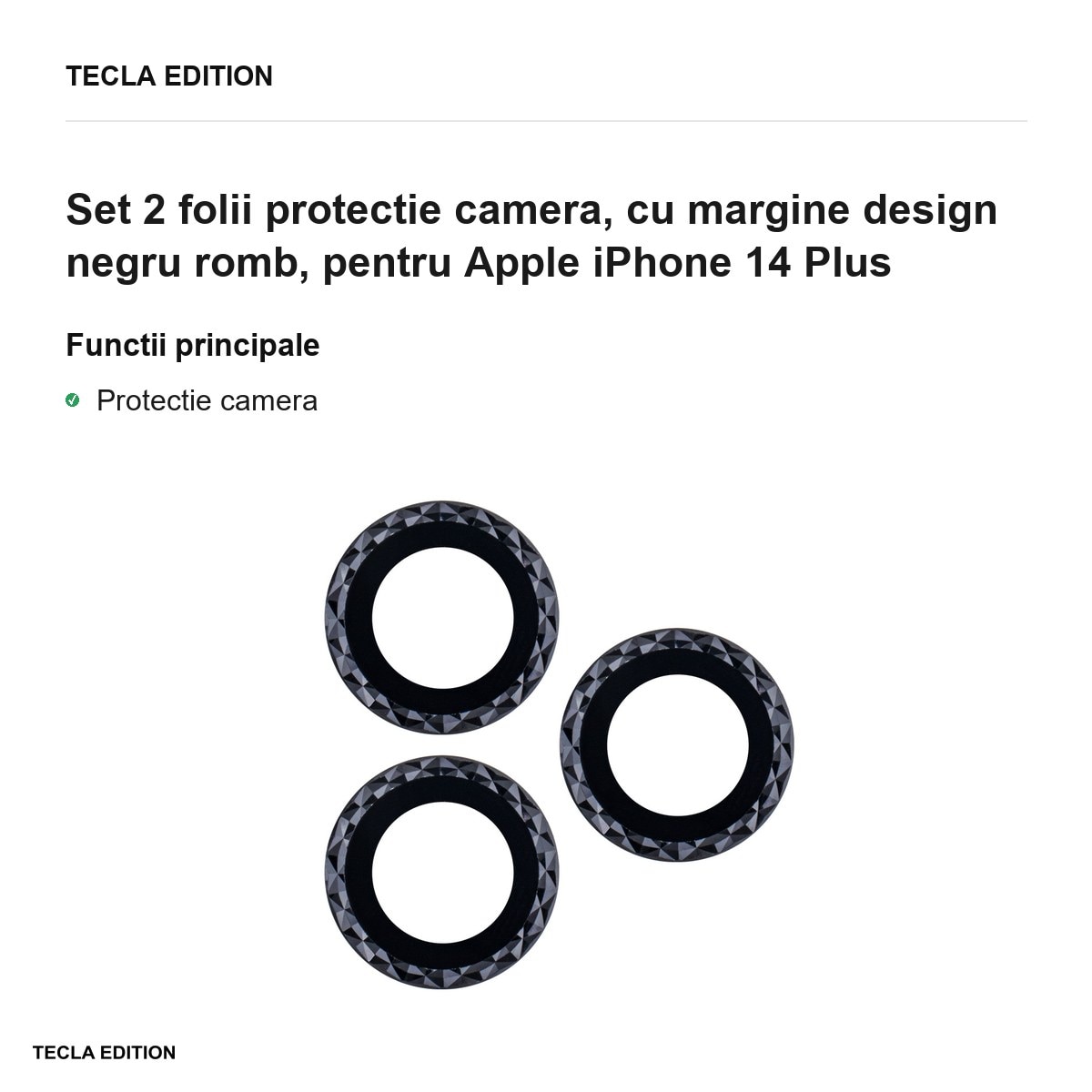 Set 2 folii protectie camera, cu margine design negru romb, pentru Apple iPhone 14 Plus