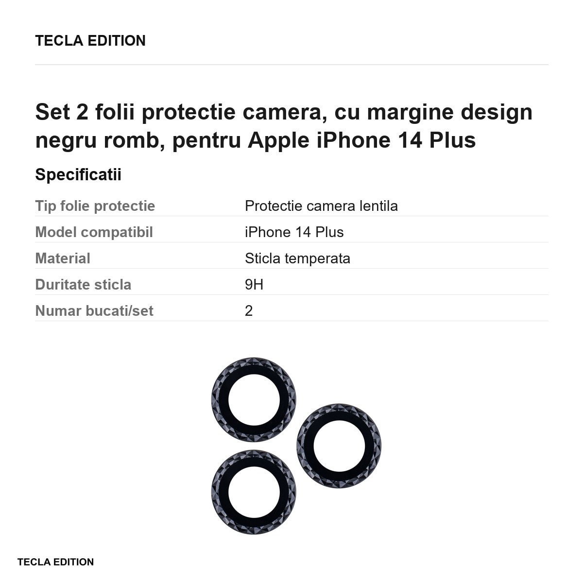 Set 2 folii protectie camera, cu margine design negru romb, pentru Apple iPhone 14 Plus