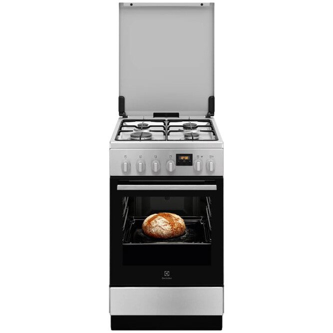 Aragaz Electrolux LKK560223X, Mixt, 4 arzatoare gaz, Gratare de fonta; SteamBake-gatire cu abur; Aprindere integrata; Cuptor electric multifunctional 11 functii; Timer, Iluminare cuptor; Grill; 50x60 cm, Siguranta plita; Clasa A; Capac metalic; Inox