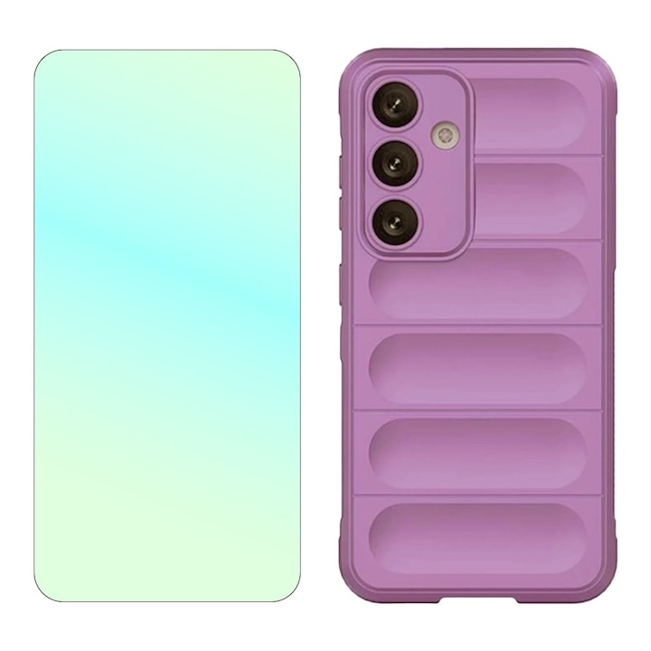 Set Folie Sticla Securizata 2.5D, Optically Clear Glass, Industry High 9H+, si Husa Buffer din Silicon cu Microfibra pentru Samsung Galaxy A55, OPTIM SOLUTION, Military-Grade Resistance, Silky Smooth, Anti-amprente, Flexible TPU, Ergonomic Design, Mov