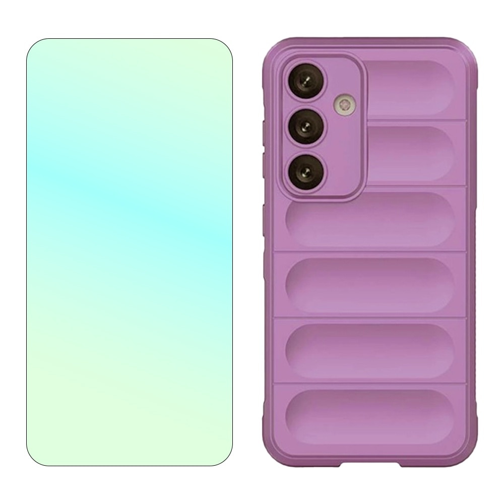 Set Folie Sticla Securizata 2.5D, Optically Clear Glass, Industry High 9H+, si Husa Buffer din Silicon cu Microfibra pentru Samsung Galaxy A55, OPTIM SOLUTION, Military-Grade Resistance, Silky Smooth, Anti-amprente, Flexible TPU, Ergonomic Design, Mov
