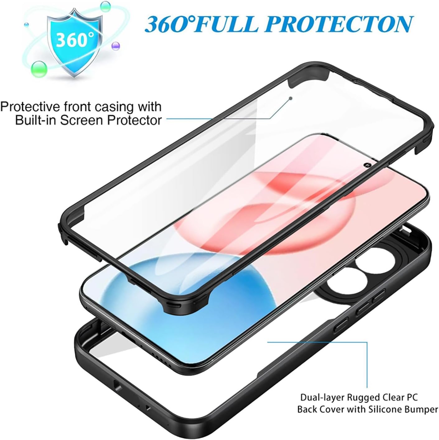 Set 360: Husa cu folie integrata pentru Honor 400 Protectie 360 fata / spate - Negru