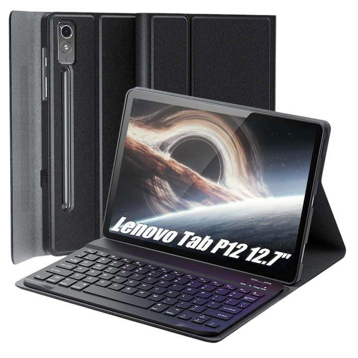 Case, Lenovo, Tab P12, 12.7 inches, carcasa din piele ecologica, tastatura bluetooth, support ajustabil, acces la toate porturile, magnet incorporat, litere poloneze, 60 ore autonomy, 10 m raza de actiune, culoare neagra, set include: carcasa si tastatura
