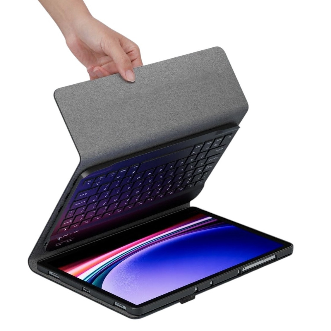 Case, Lenovo, Tab P12, 12.7 inches, carcasa din piele ecologica, tastatura bluetooth, support ajustabil, acces la toate porturile, magnet incorporat, litere poloneze, 60 ore autonomy, 10 m raza de actiune, culoare neagra, set include: carcasa si tastatura