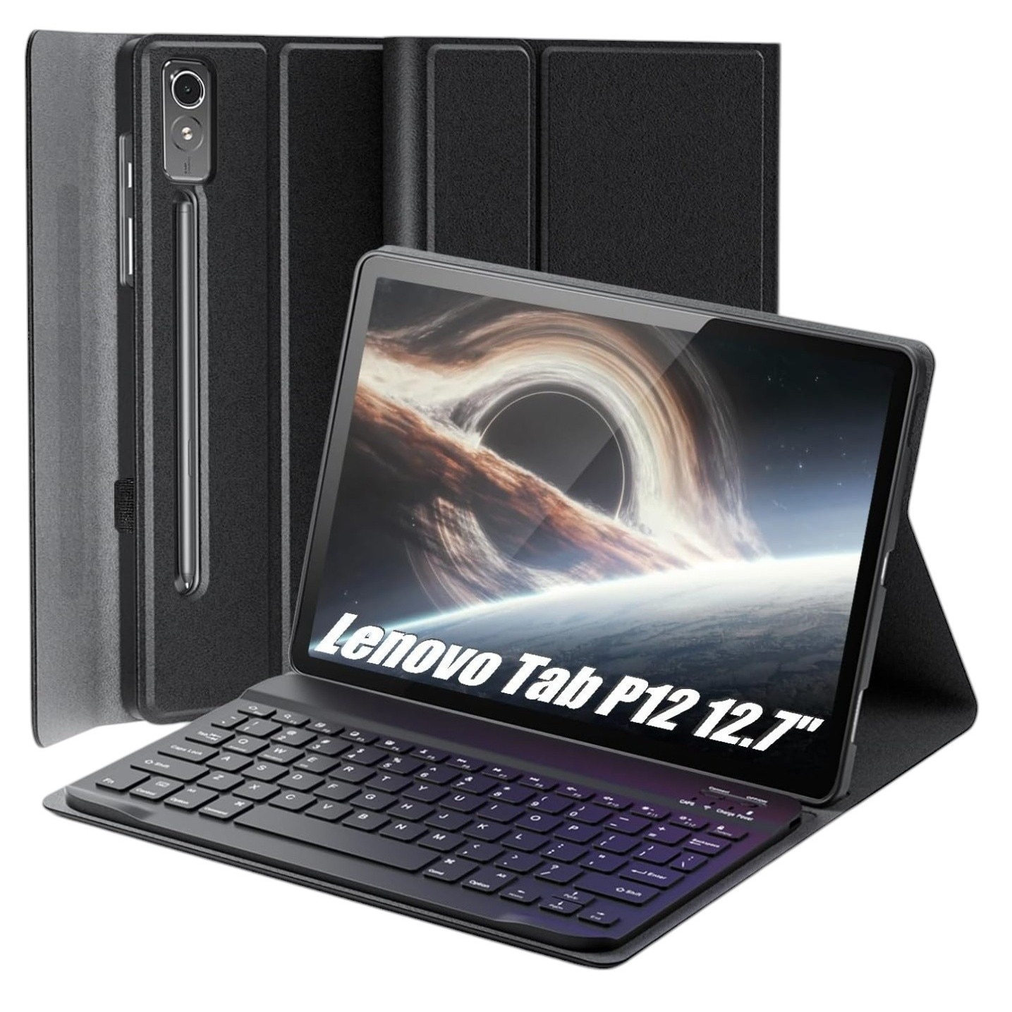 Case, Lenovo, Tab P12, 12.7 inches, carcasa din piele ecologica, tastatura bluetooth, support ajustabil, acces la toate porturile, magnet incorporat, litere poloneze, 60 ore autonomy, 10 m raza de actiune, culoare neagra, set include: carcasa si tastatura