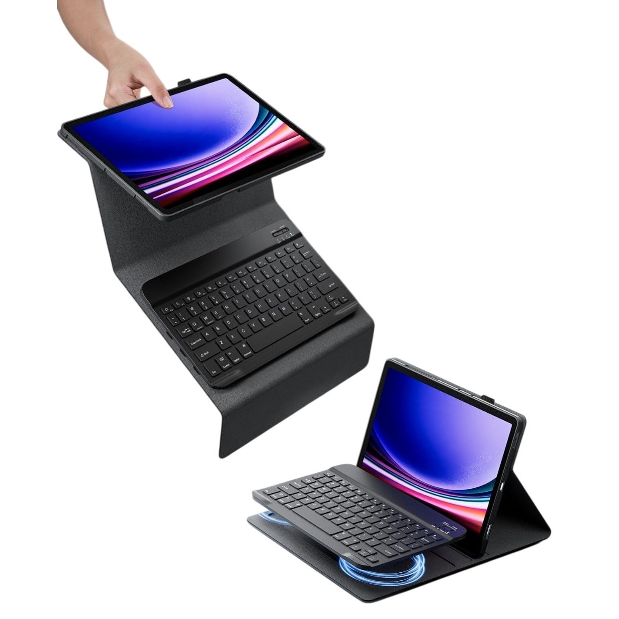 Case, Lenovo, Tab P12, 12.7 inches, carcasa din piele ecologica, tastatura bluetooth, support ajustabil, acces la toate porturile, magnet incorporat, litere poloneze, 60 ore autonomy, 10 m raza de actiune, culoare neagra, set include: carcasa si tastatura