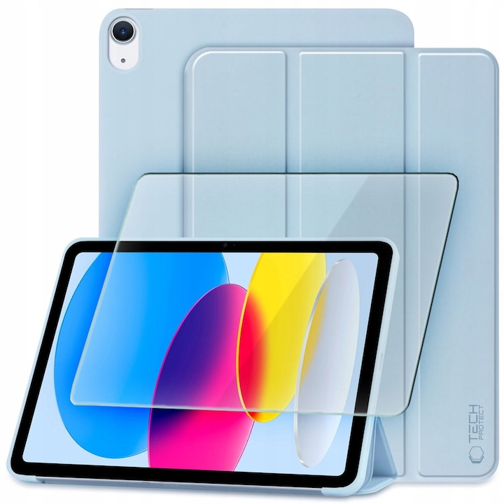 Set etui TechProtect SmartCase si sticla Hofi Glass Pro+ pentru iPad 10.9" 10/2022 si 11" 11/2025, Sky Blue, dimensiuni 245x176mm