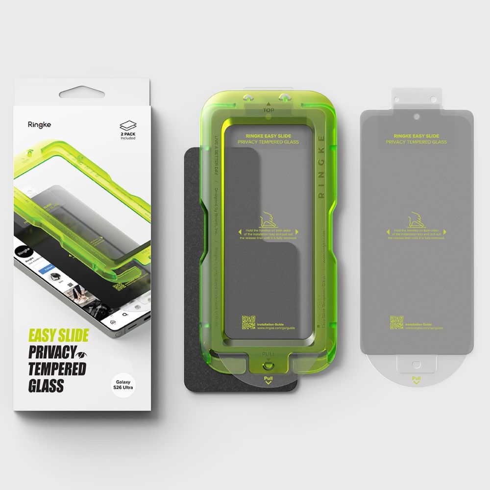 Set 2 folii sticla securizata Ringke Easy Slide Privacy, Kit montare inclus, compatibile cu Samsung Galaxy S26 Ultra, Negru