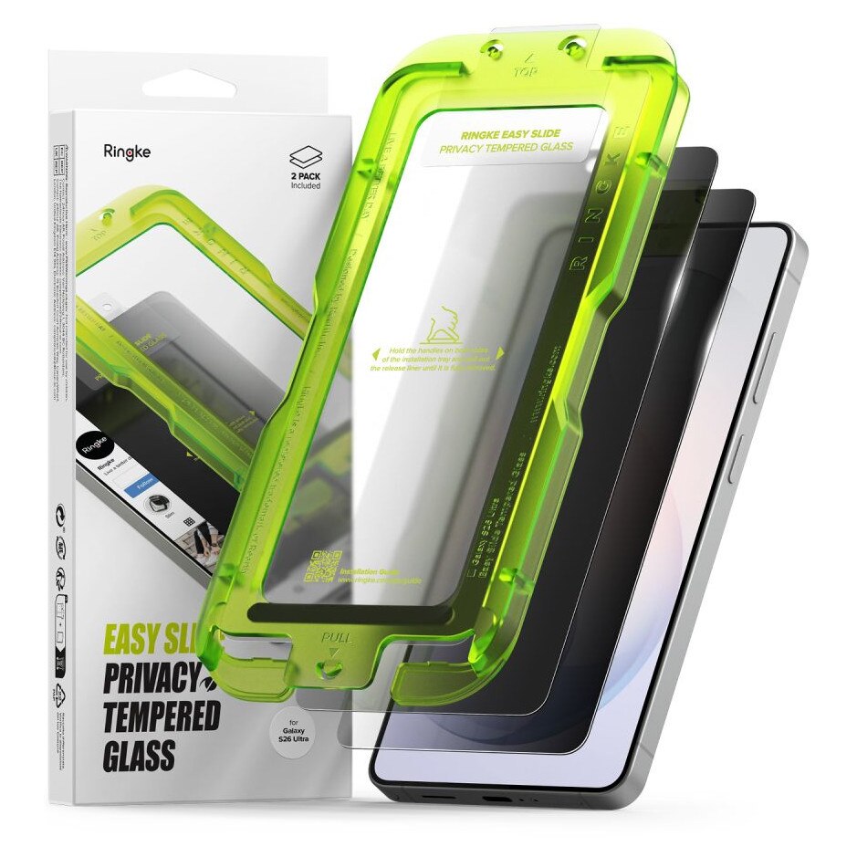Set 2 folii sticla securizata Ringke Easy Slide Privacy, Kit montare inclus, compatibile cu Samsung Galaxy S26 Ultra, Negru