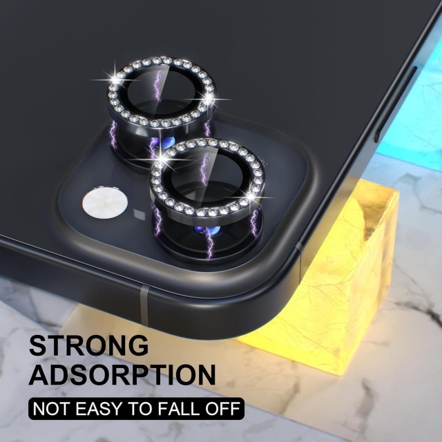 Compatible with iPhone 15 / iPhone 15 Plus Camera Case Accessories, 9H Tempered Glass Camera Case, Metal Ring Decorative Accessories (Diamond Black)