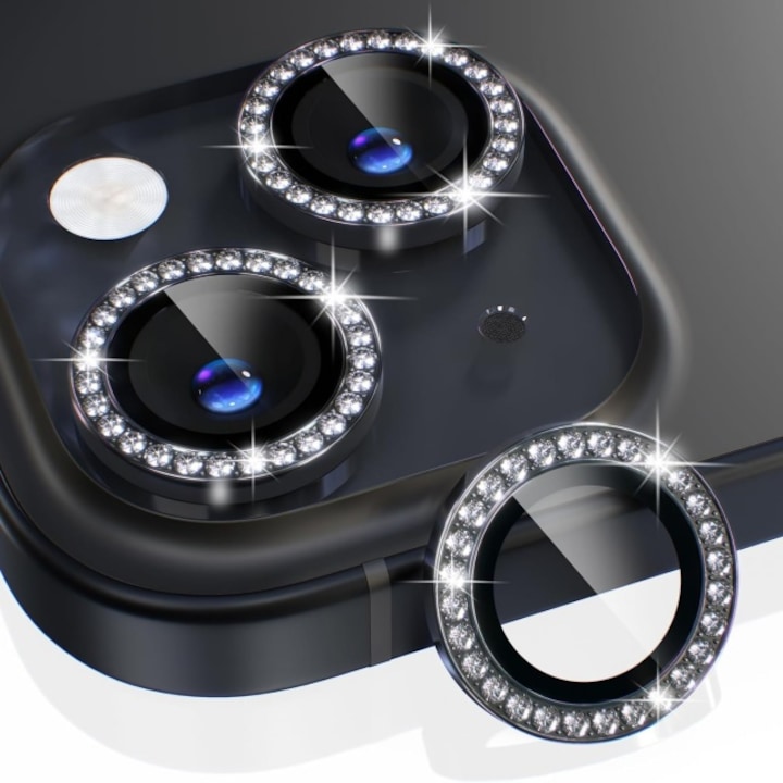 Compatible with iPhone 15 / iPhone 15 Plus Camera Case Accessories, 9H Tempered Glass Camera Case, Metal Ring Decorative Accessories (Diamond Black)