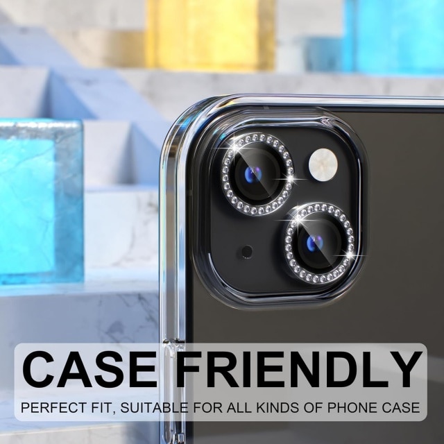 Compatible with iPhone 15 / iPhone 15 Plus Camera Case Accessories, 9H Tempered Glass Camera Case, Metal Ring Decorative Accessories (Diamond Black)