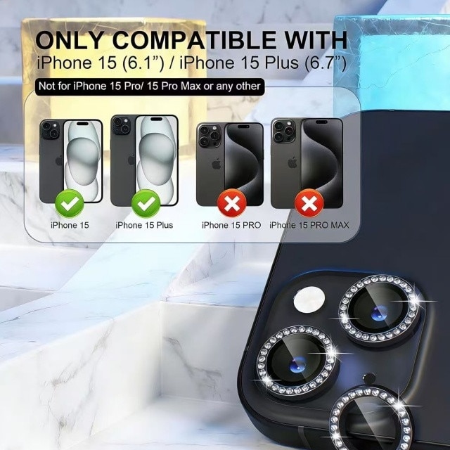 Compatible with iPhone 15 / iPhone 15 Plus Camera Case Accessories, 9H Tempered Glass Camera Case, Metal Ring Decorative Accessories (Diamond Black)