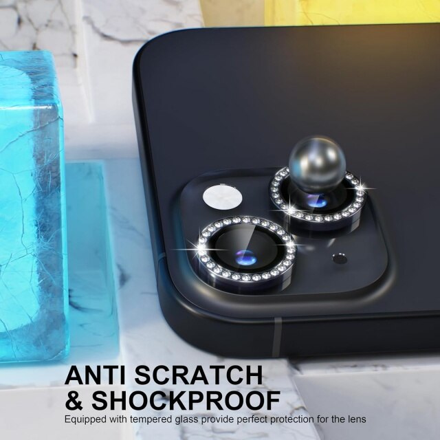 Compatible with iPhone 15 / iPhone 15 Plus Camera Case Accessories, 9H Tempered Glass Camera Case, Metal Ring Decorative Accessories (Diamond Black)