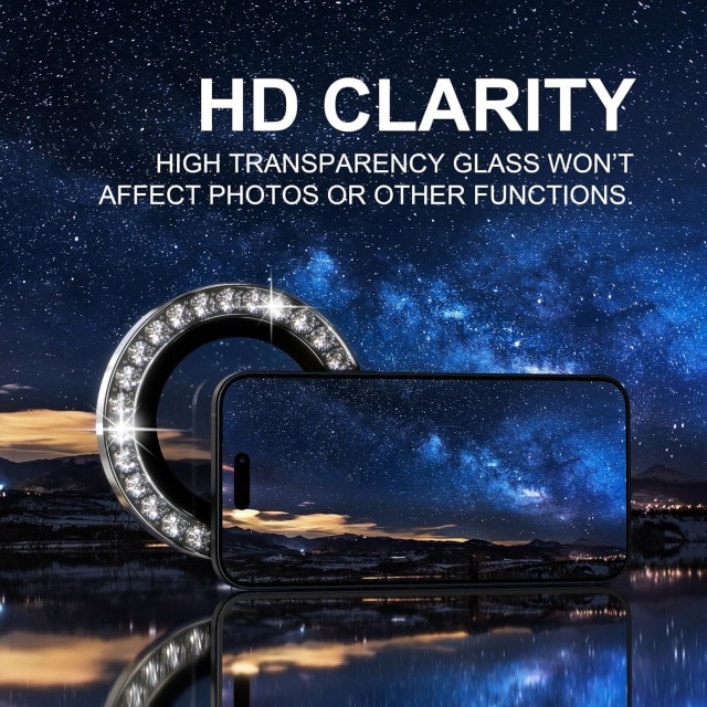 Compatible with iPhone 15 / iPhone 15 Plus Camera Case Accessories, 9H Tempered Glass Camera Case, Metal Ring Decorative Accessories (Diamond Black)