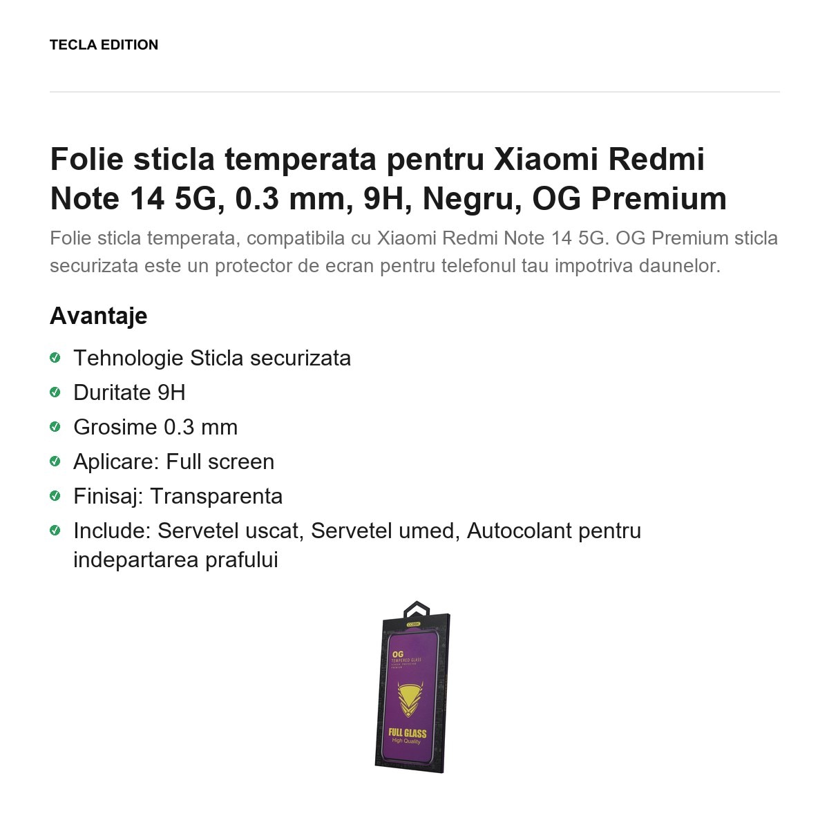 Folie sticla temperata pentru Xiaomi Redmi Note 14 5G, 0.3 mm, 9H, Negru, OG Premium