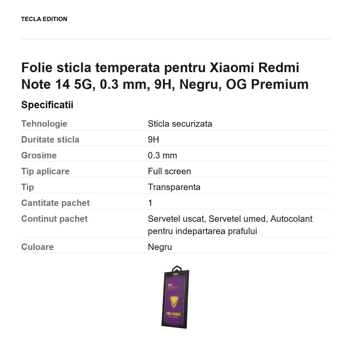 Folie sticla temperata pentru Xiaomi Redmi Note 14 5G, 0.3 mm, 9H, Negru, OG Premium