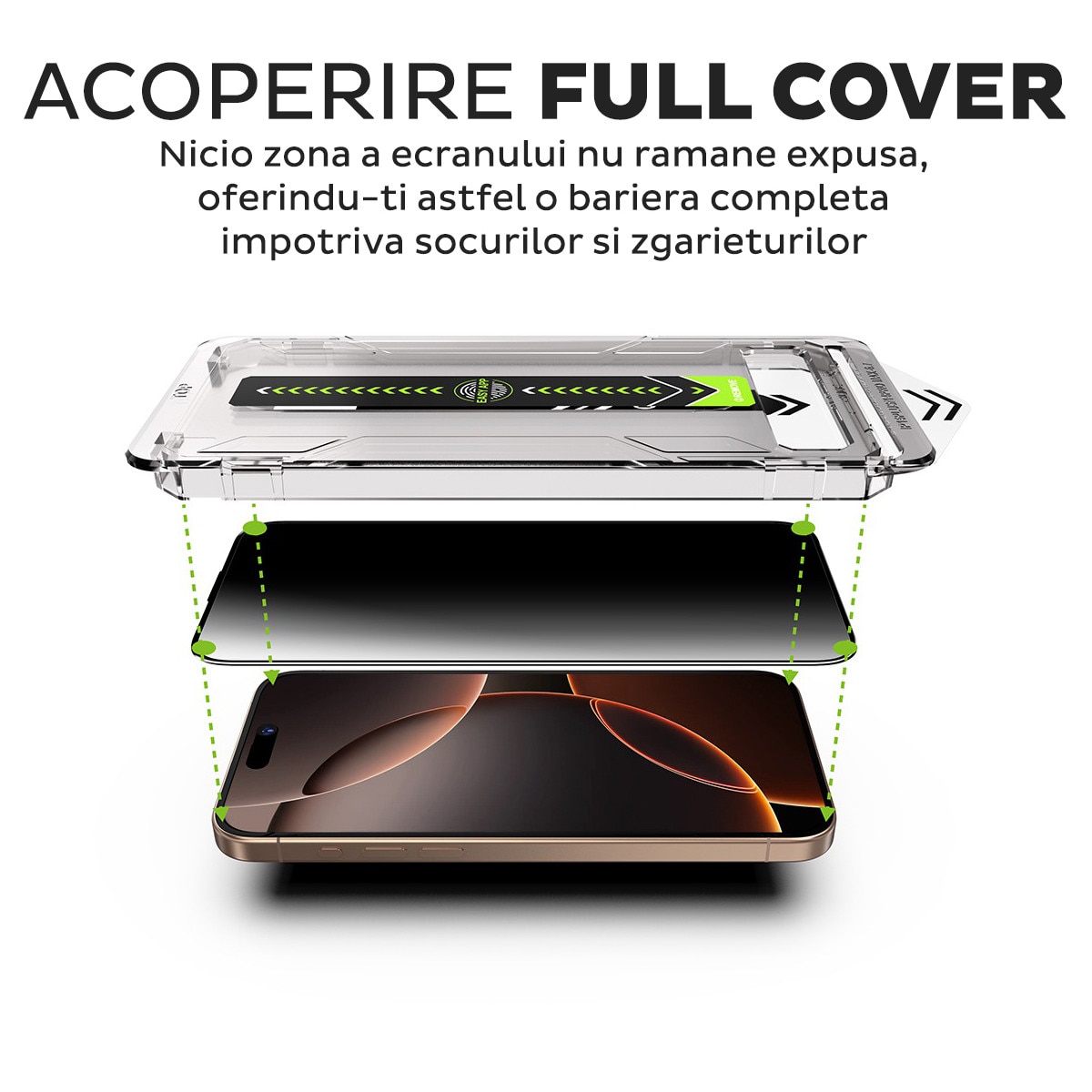 Pachet 2 buc Folie Sticla Privacy pentru Apple iPhone 15 / iPhone 16 Daden TitanGlass, Full Cover, Kit de instalare usoara si rapida cu dispozitiv de potrivire automata, Protectie Profesionala, Ultra Rezistenta