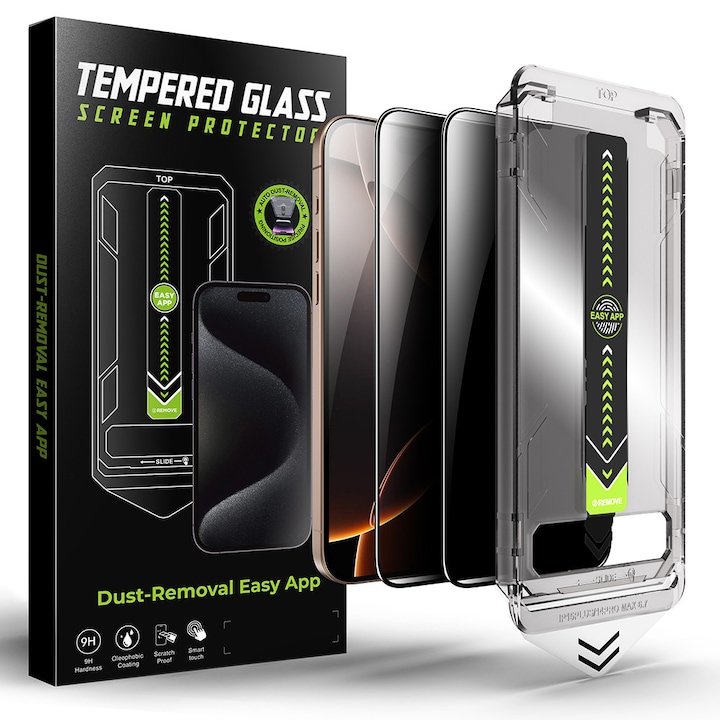 Pachet 2 buc Folie Sticla Privacy pentru Apple iPhone 15 / iPhone 16 Daden TitanGlass, Full Cover, Kit de instalare usoara si rapida cu dispozitiv de potrivire automata, Protectie Profesionala, Ultra Rezistenta