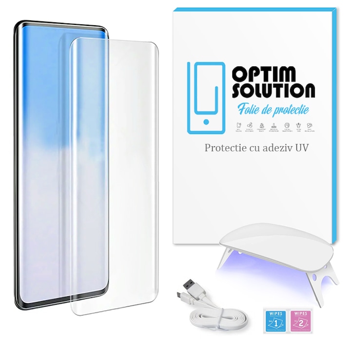 Folie protectie UV pentru Samsung Galaxy S26 Ultra, Optim Solution, Hidrogel cu Adeziv UV, Silicon Securizat, Kit complet, Include lampa si cablu tip C, Shock Absorbing, Long-Term Tested, Textura Sticla, Clear