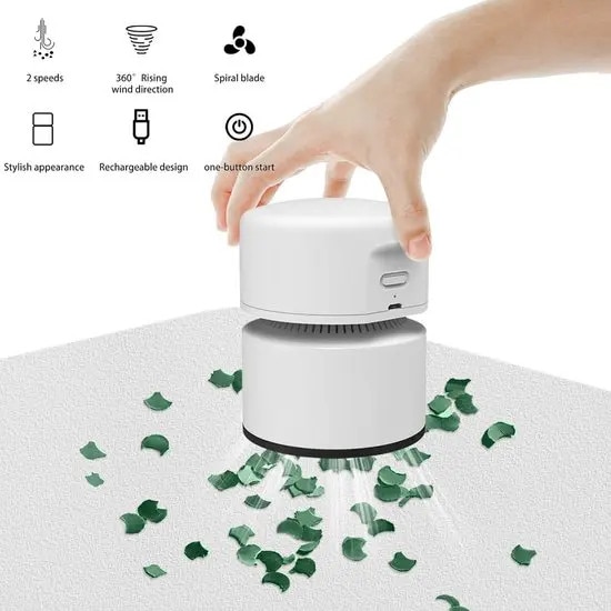 Aspirator de birou mini reincarcabil USB K0255-0810-CDCJ38902, 1800 mAh, capacitate 58 ml, autonomie 2 h, 9000 RPM, oprire automata 10 min, alb, 11.5 x 11 x 9 cm