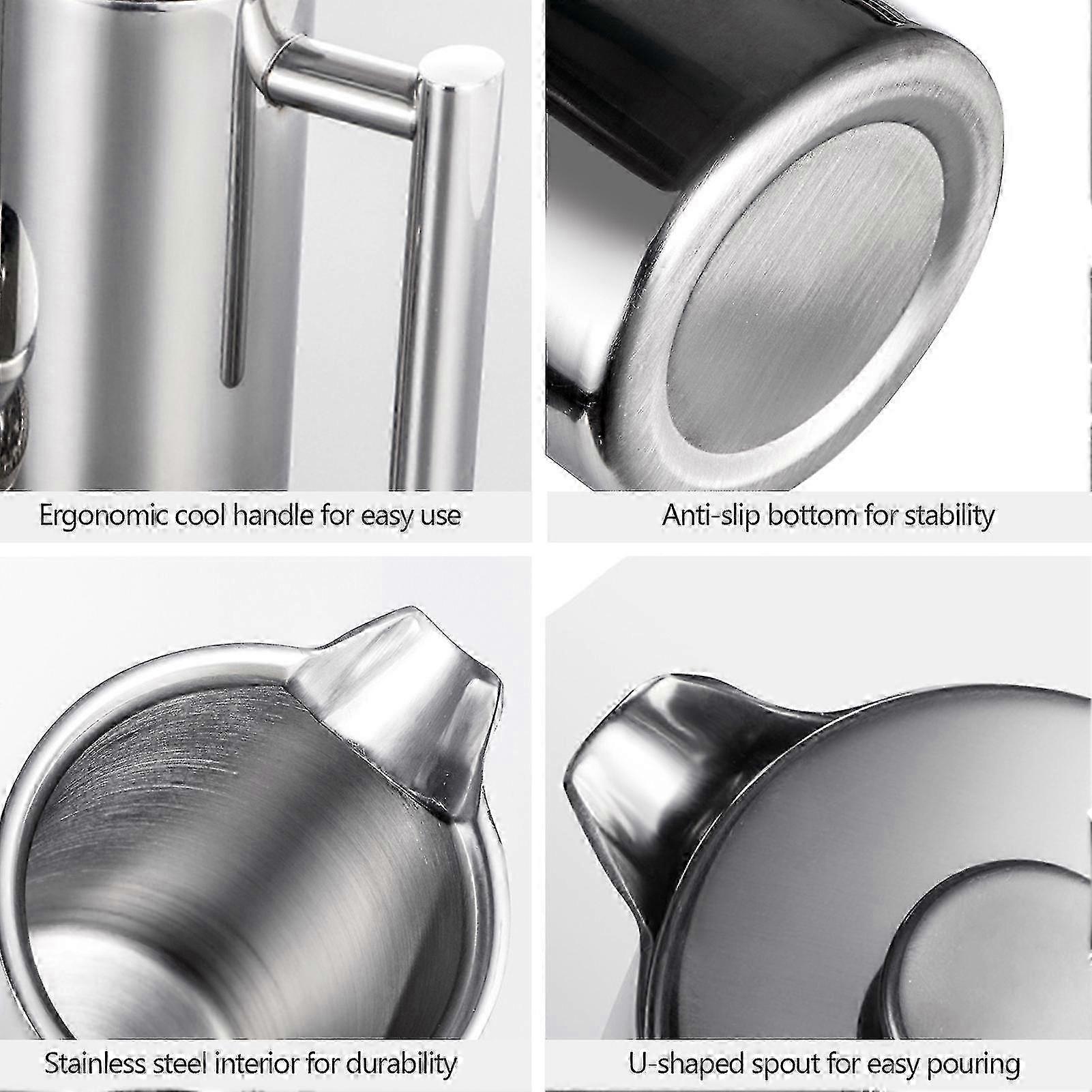 Cafetiera franceza, 800ml, otel inoxidabil, izolatie dubla, maner ergonomic, argintiu, 9x17cm