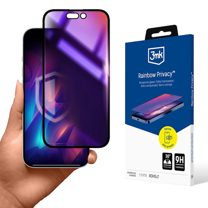 Folie de protectie sticla securizata 3mk Rainbow Privacy compatibila cu iPhone 16 Pro Max, Negru