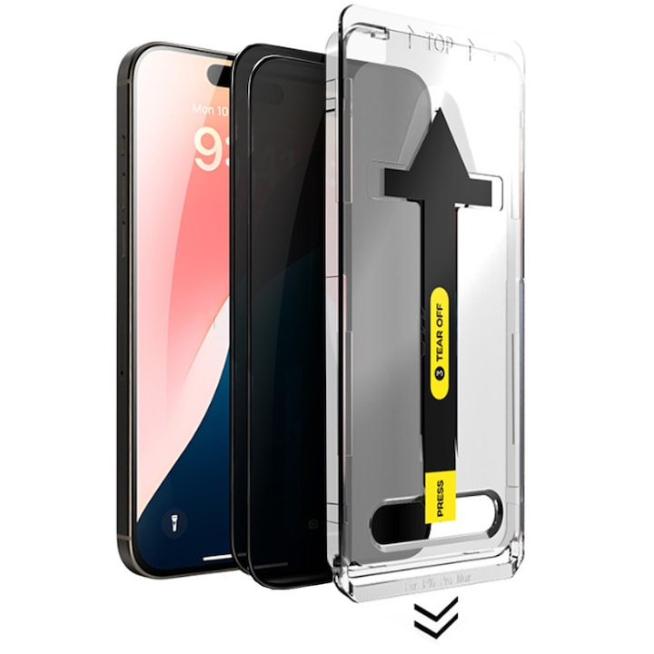 Folie de sticla securizata pryvate (anti-spy), Supero, compatibila iPhone 16 Pro Max, 2 bucati, 9H duritate, montaj cu rama aplicatoare, protectie impotriva zgarieturilor, compatibil Face ID, pachet cu accesoriu de instalare, transparent mat