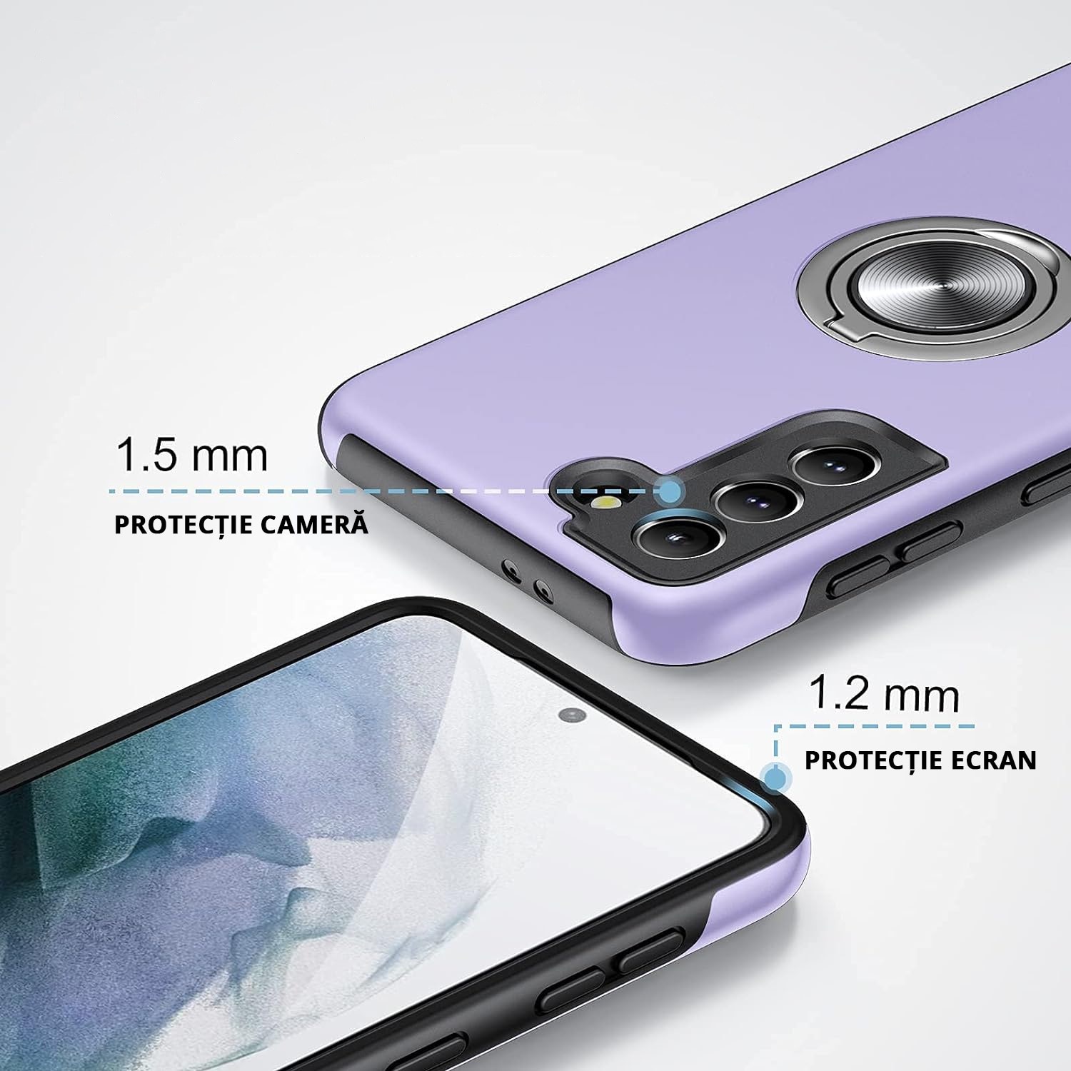 Husa pentru Samsung Galaxy S21 Plus, MobileSmart, Hibrid Antisoc, Inel Rotativ 360° Magnetic pentru Suport Auto, Mov