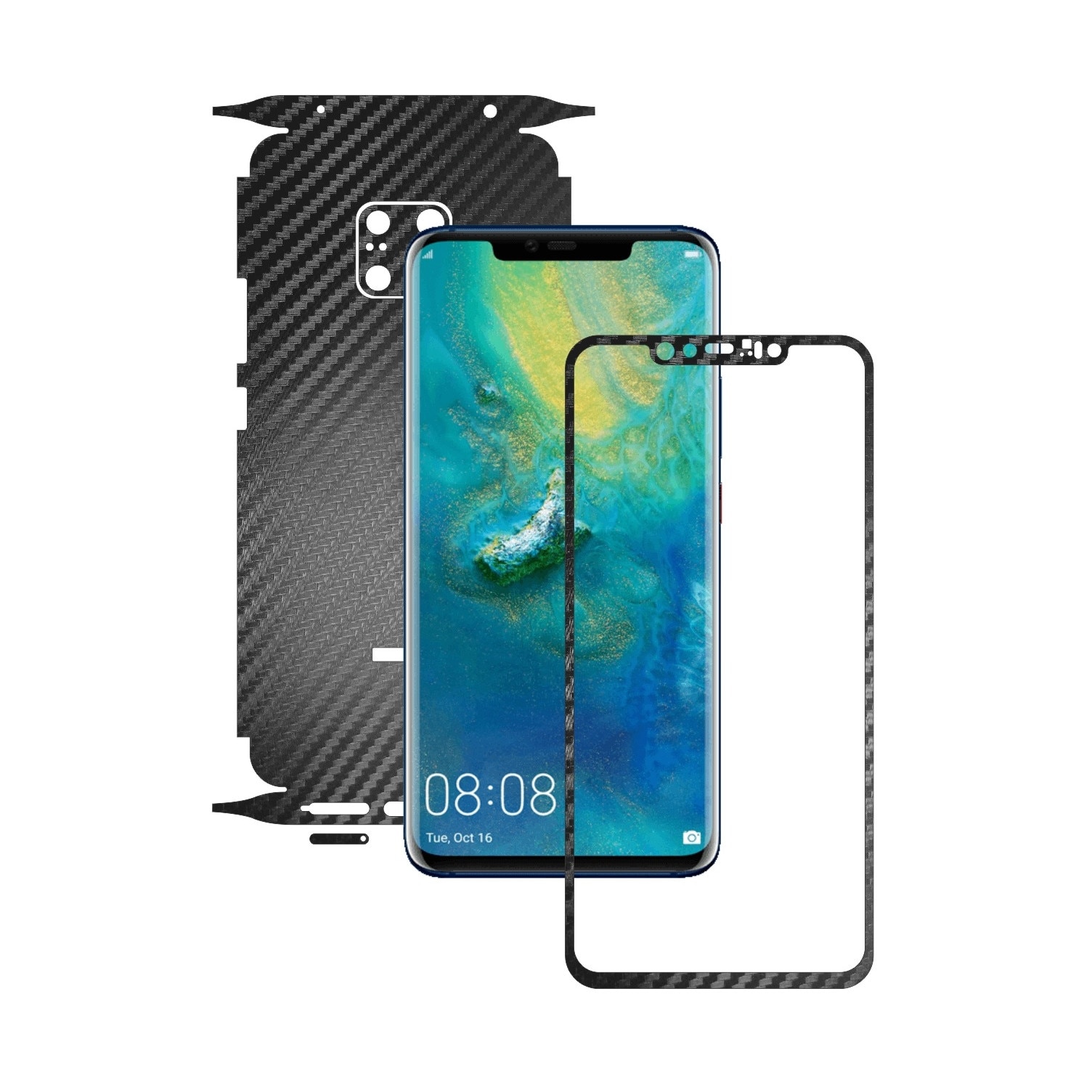 Huawei Mate 20 Pro - Carbon Negru - 360 Cut - Folie de protectie Carbon Skinz, Skin Adeziv Full Body Cover pentru Rama Ecran, Carcasa Spate si Laterale