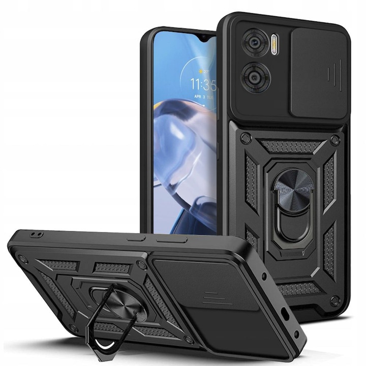 Husa pentru Motorola Moto E22 / Moto E22i Premium Hybrid Armor Kickstand, Slider Camera, Antisoc, Protectie Superioara, Negru