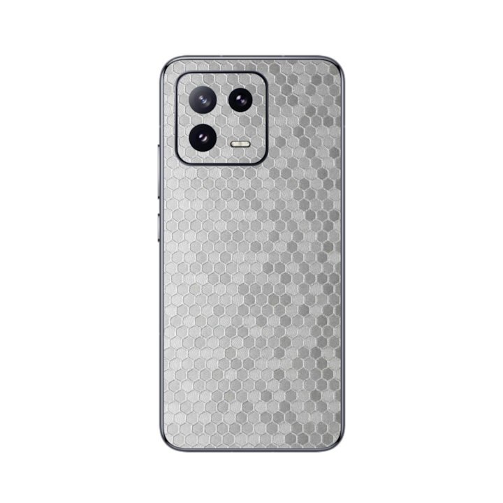Folie iSkinz pentru Xiaomi 13 - Honeycomb Argintiu Silver, 360 Cut, Skin Adeziv Full Cover, Protectie Carcasa Spate si Laterale