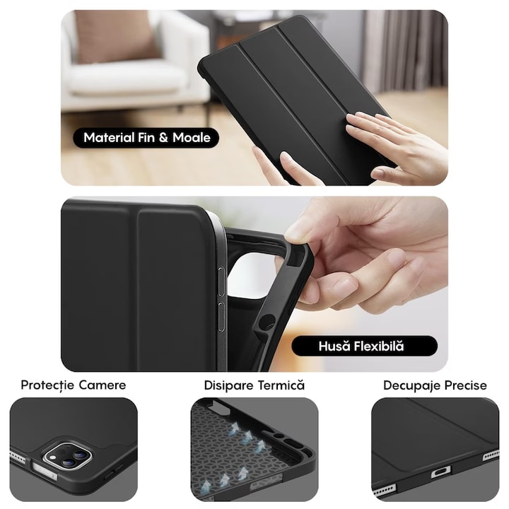Husa BEARWIN ProCase Smart pentru iPad Air 11 (M4/M3/M2 2026/2025/2024, Air 5/4 2022/2020), rezistenta la socuri, spate transparent dur, suport pentru stylus cu incarcare wireless, cadru TPU si piele PU, unghiuri reglabile 3 pozitii, Negru, 1 buc