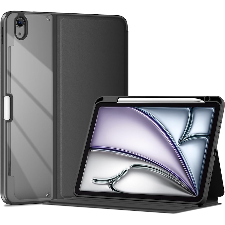 Husa BEARWIN ProCase Smart pentru iPad Air 11 (M4/M3/M2 2026/2025/2024, Air 5/4 2022/2020), rezistenta la socuri, spate transparent dur, suport pentru stylus cu incarcare wireless, cadru TPU si piele PU, unghiuri reglabile 3 pozitii, Negru, 1 buc