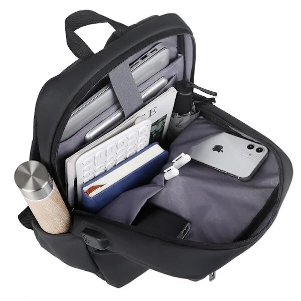 Rucsac/ghiozdan laptop din Oxford, cu port USB extern, capacitate 20-35L, compartiment pentru laptop 15 inch, Gri, 15 inch