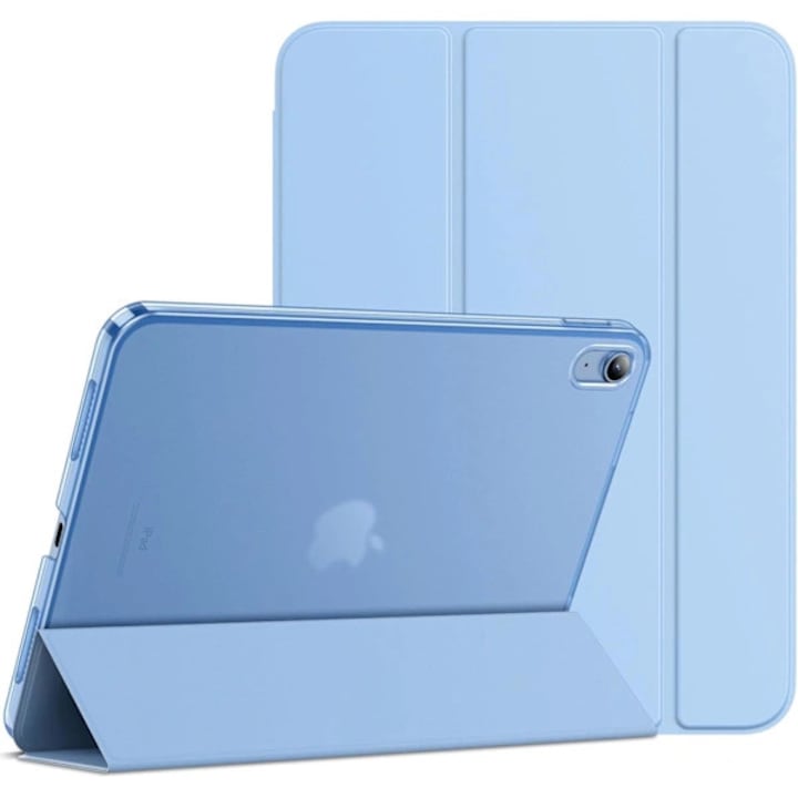 Husa compatibila cu iPad (A16) 11-a/10-a generatie (2025/2022), Slim Stand Hard Shell, spate transparent mat, carcasa dura cu exterior sintetic si interior neted, suport in 2 pozitii pentru vizionare si scris, Albastru, 1 buc