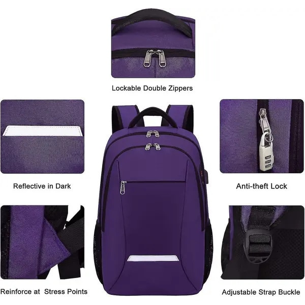 Rucsac pentru laptop din poliester, anti-furt, compartiment pentru 15.6 inch, port USB extern si jack casti, mov, 29 x 25 x 46 cm