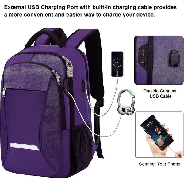 Rucsac pentru laptop din poliester, anti-furt, compartiment pentru 15.6 inch, port USB extern si jack casti, mov, 29 x 25 x 46 cm