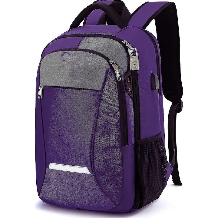Rucsac pentru laptop din poliester, anti-furt, compartiment pentru 15.6 inch, port USB extern si jack casti, mov, 29 x 25 x 46 cm