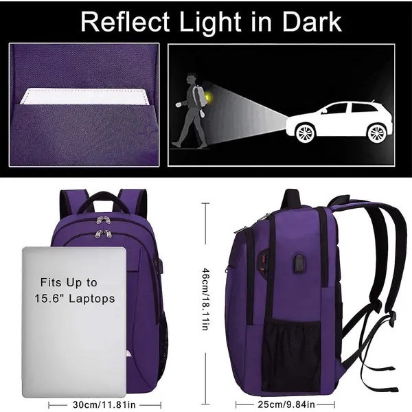 Rucsac pentru laptop din poliester, anti-furt, compartiment pentru 15.6 inch, port USB extern si jack casti, mov, 29 x 25 x 46 cm