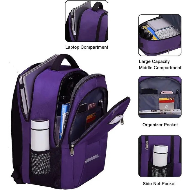 Rucsac pentru laptop din poliester, anti-furt, compartiment pentru 15.6 inch, port USB extern si jack casti, mov, 29 x 25 x 46 cm