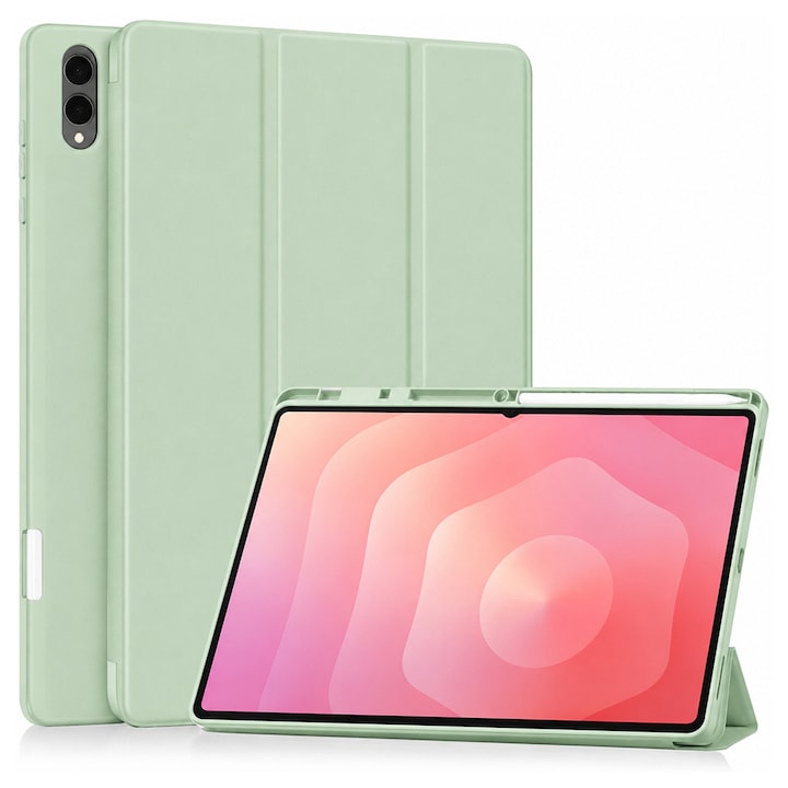 Husa de protectie pentru Samsung Galaxy Tab S11 Ultra / Tab S12 Ultra DaDen Flex Trifold, Mod stativ, Unghi pana la 65°, Piele ecologica, Loc pentru creion, Verde matcha